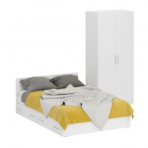 Кровать с ящиками 1400 + Шкаф 2-х створчатый Стандарт, цвет белый, ШхГхВ 143,5х203,5х70 + 90х52х200 см., сп.м. 1400х2000 мм., б/м, основание есть в Карталах - kartaly.mebel-74.com | фото